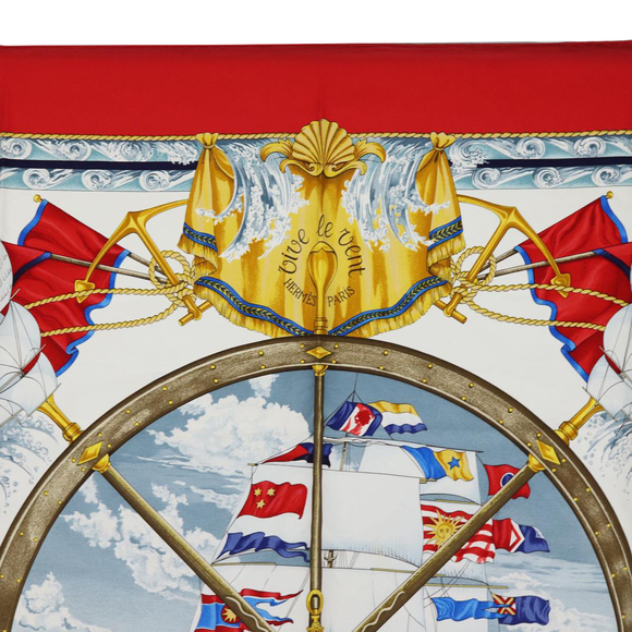 HERMES Carre 90 Scarf ""VIVE LE VENT"" Silk Red Auth fm3436 - Picture 3 of 14